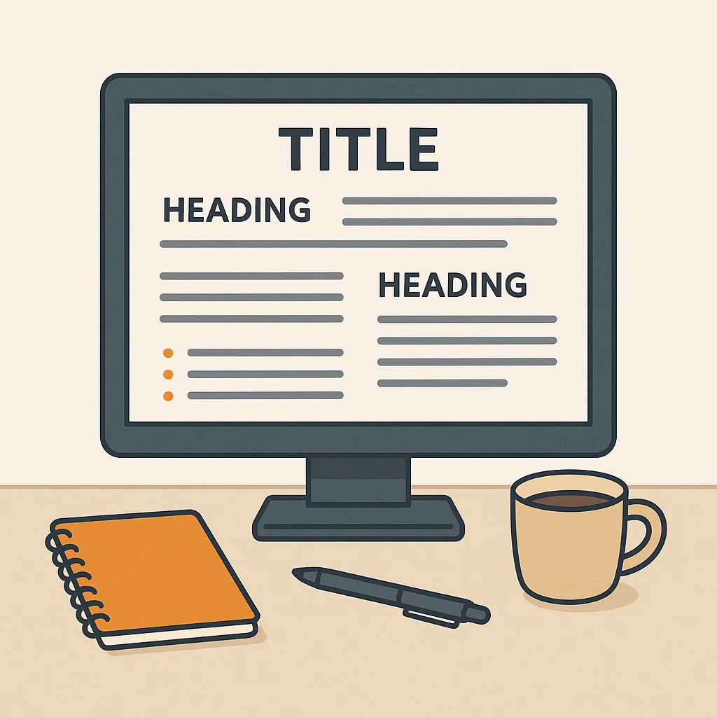 Ilustrasi proses penulisan artikel yang terstruktur dengan elemen judul, paragraf, dan poin-poin penting