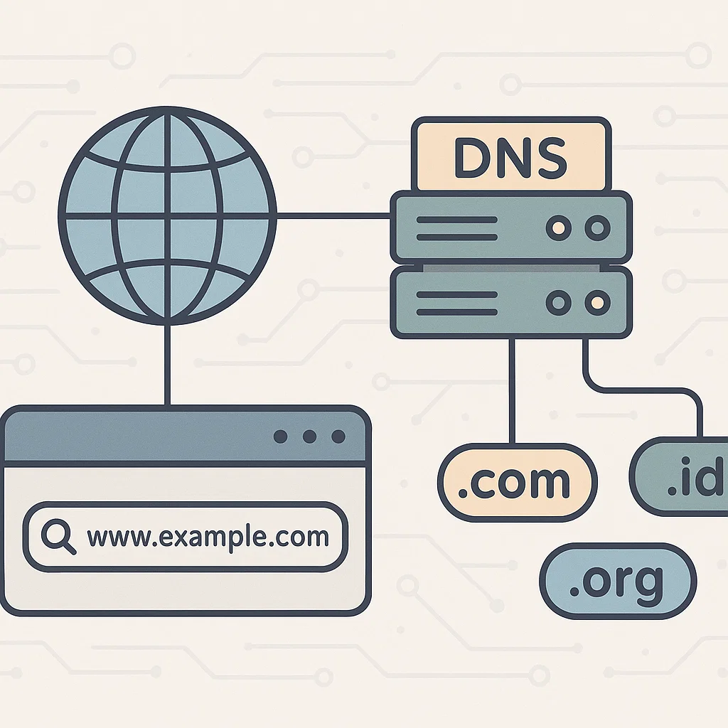 Ilustrasi sistem penamaan domain dan koneksi DNS dalam jaringan internet