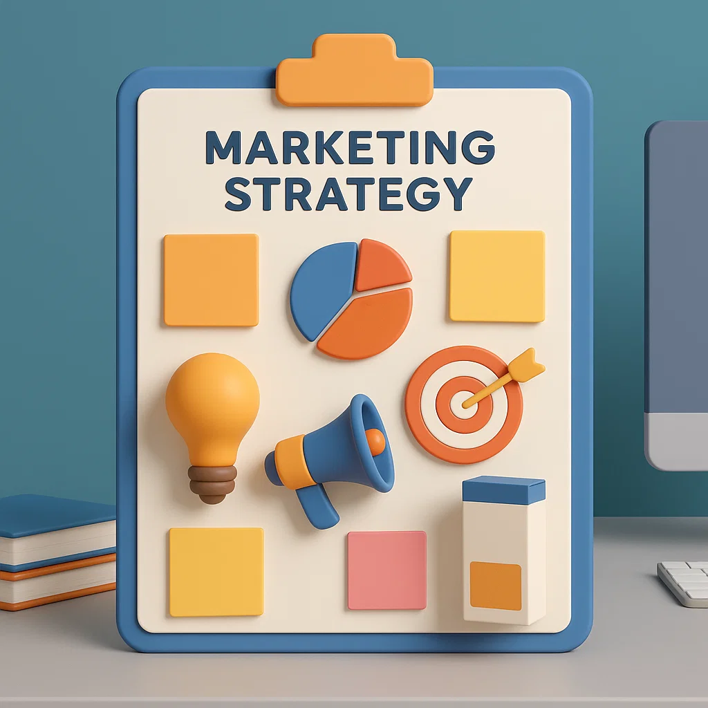 Ilustrasi strategi pemasaran produk yang mencakup analisis pasar, promosi, dan branding