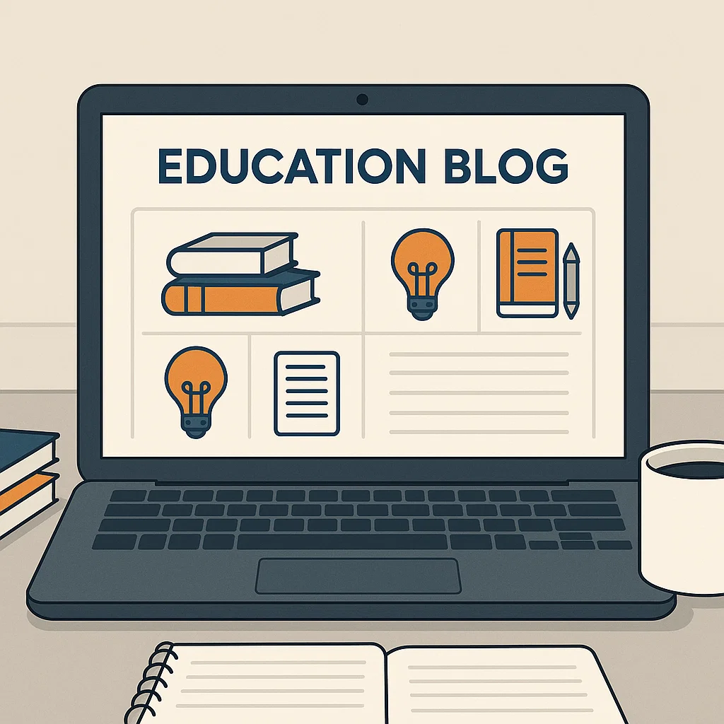 Ilustrasi tampilan blog pendidikan yang simpel dan informatif di layar laptop dengan suasana belajar