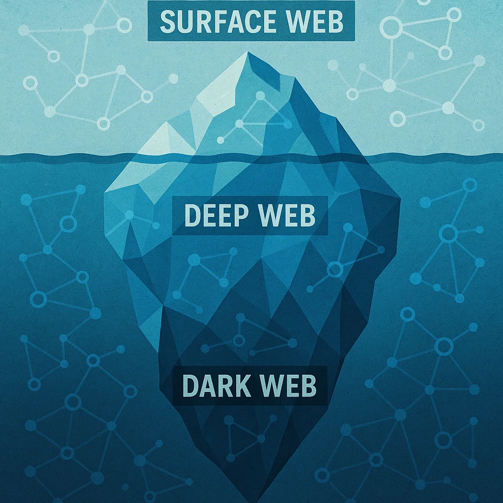 Ilustrasi visual lapisan internet surface web, deep web, dan dark web