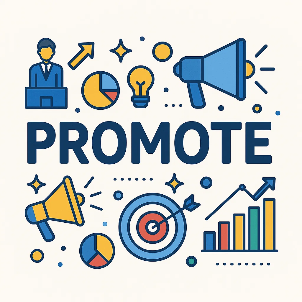 Ilustrasi visual makna kata “promote” dalam berbagai konteks pekerjaan, iklan, dan dukungan ide