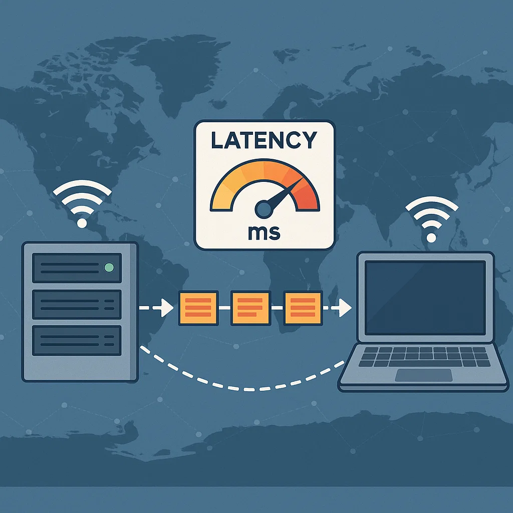 Ilustrasi visual perjalanan data internet dan dampak latency dalam prosesnya