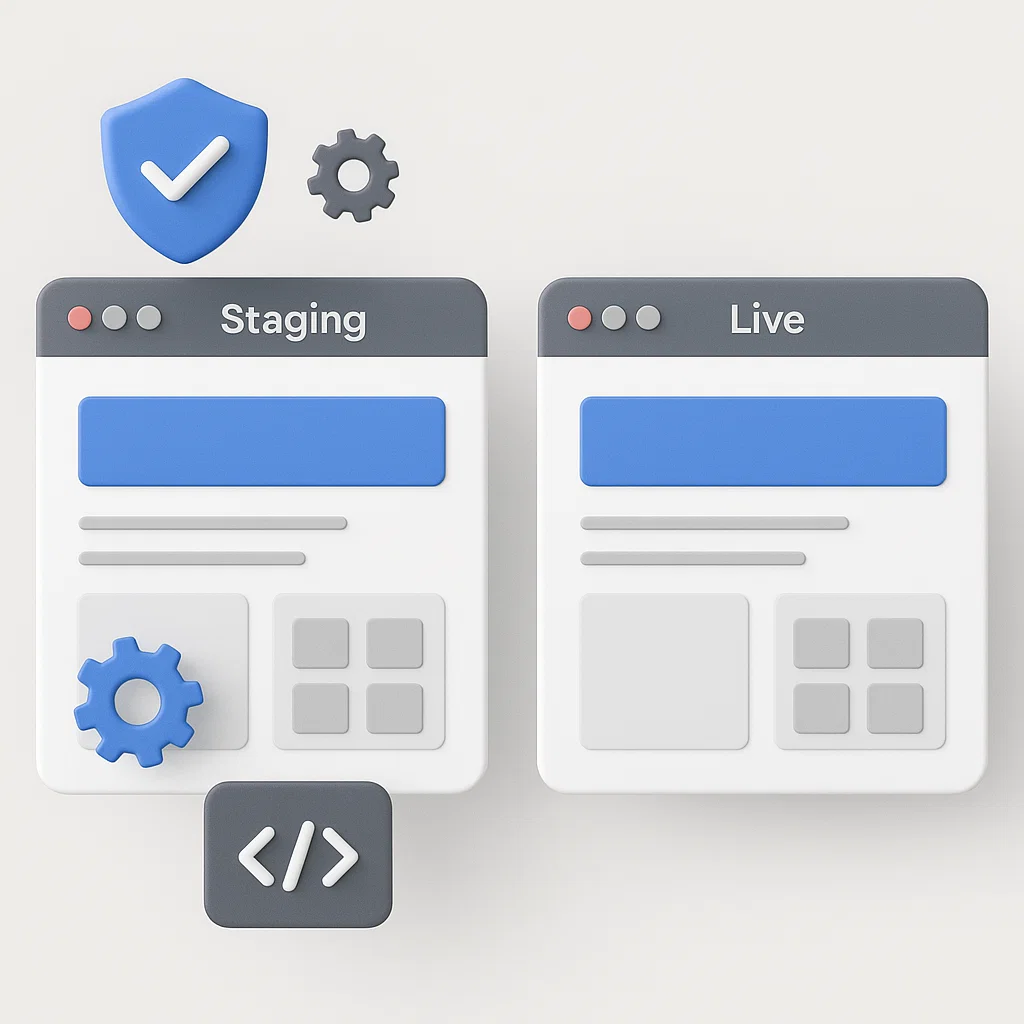 Ilustrasi visual staging dan live site yang menunjukkan pentingnya uji coba sebelum peluncuran website