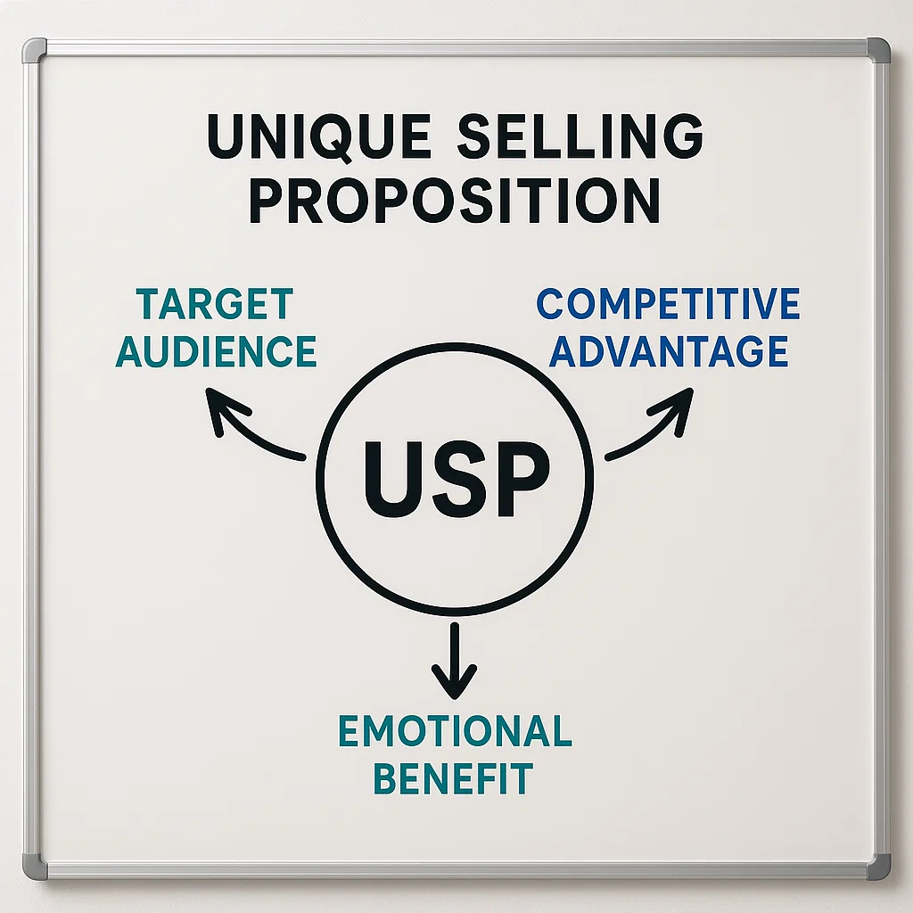 Infografik konsep Unique Selling Proposition sebagai strategi pemasaran utama