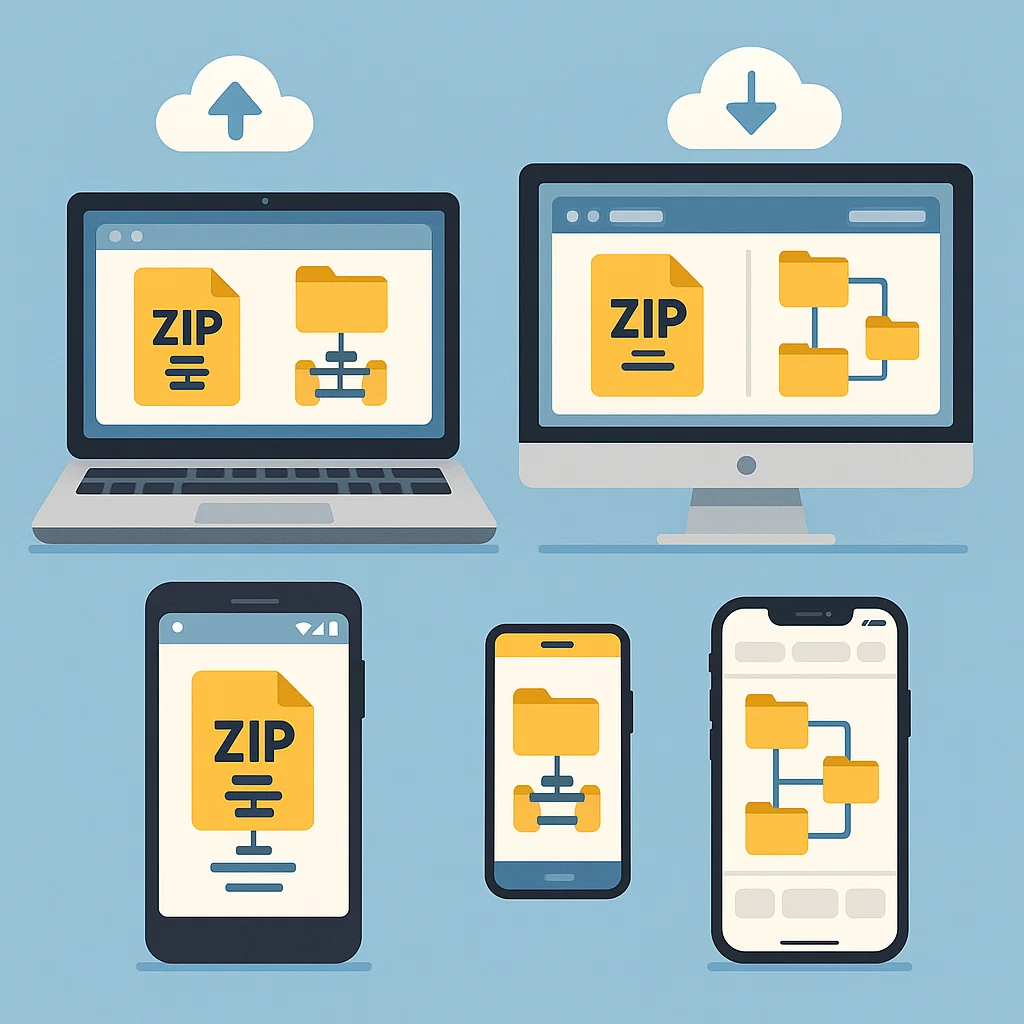 Proses zip file di berbagai perangkat seperti laptop, Android, dan iPhone