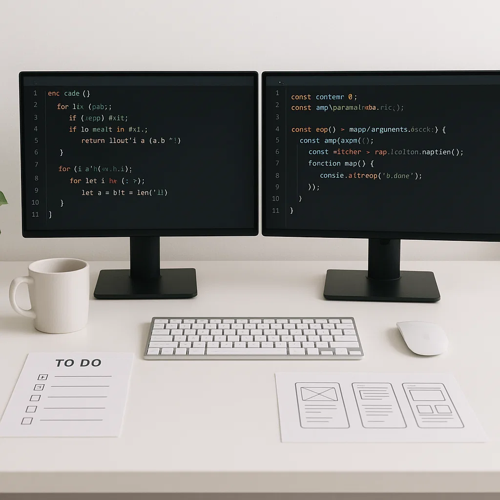 Ruang kerja software developer modern dengan kode, rancangan UI, dan alat kerja produktif