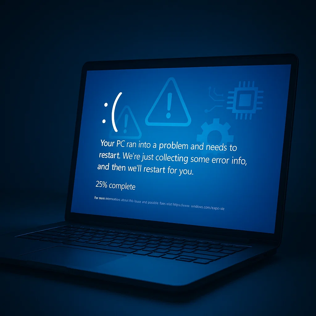 Tampilan ilustrasi bluescreen di layar laptop modern yang menandakan kerusakan sistem