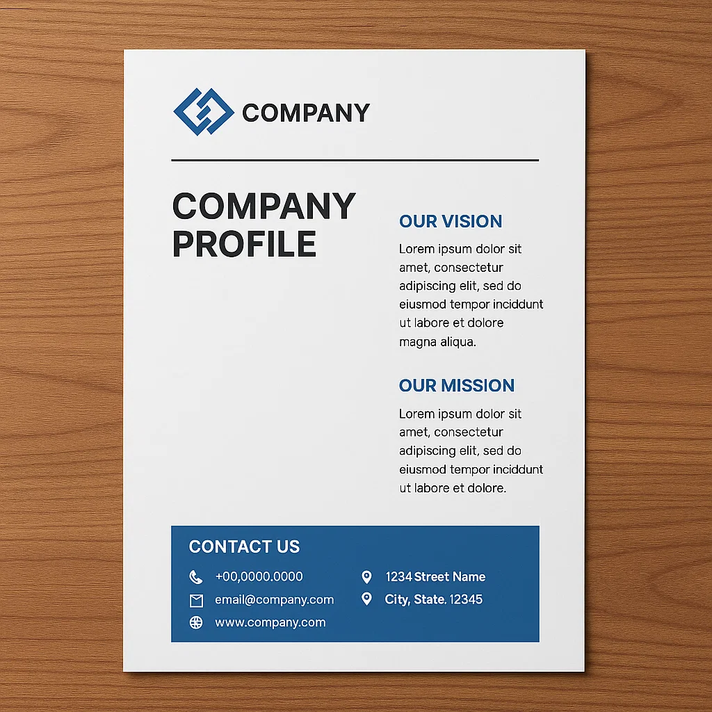 Tampilan profesional layout company profile dengan format bersih dan elegan
