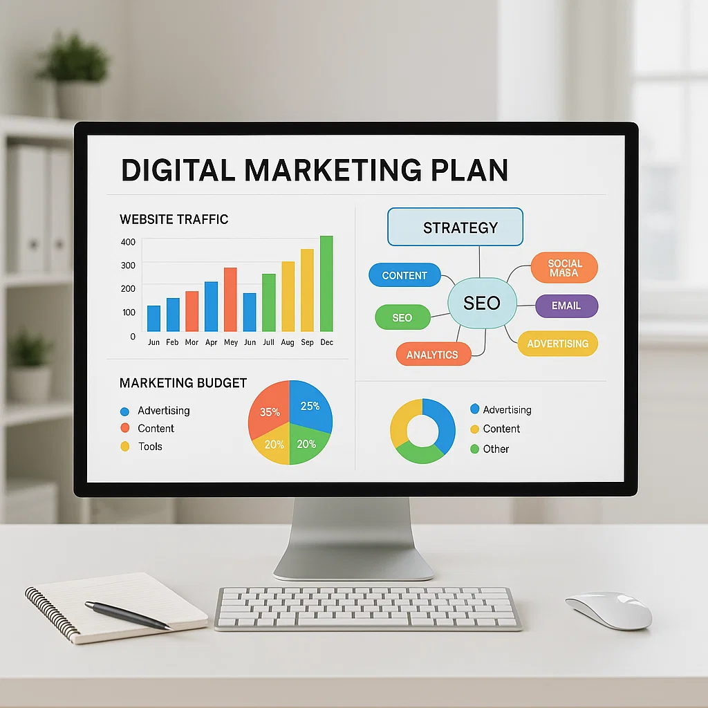 Tampilan rencana marketing digital lengkap dan profesional di layar komputer