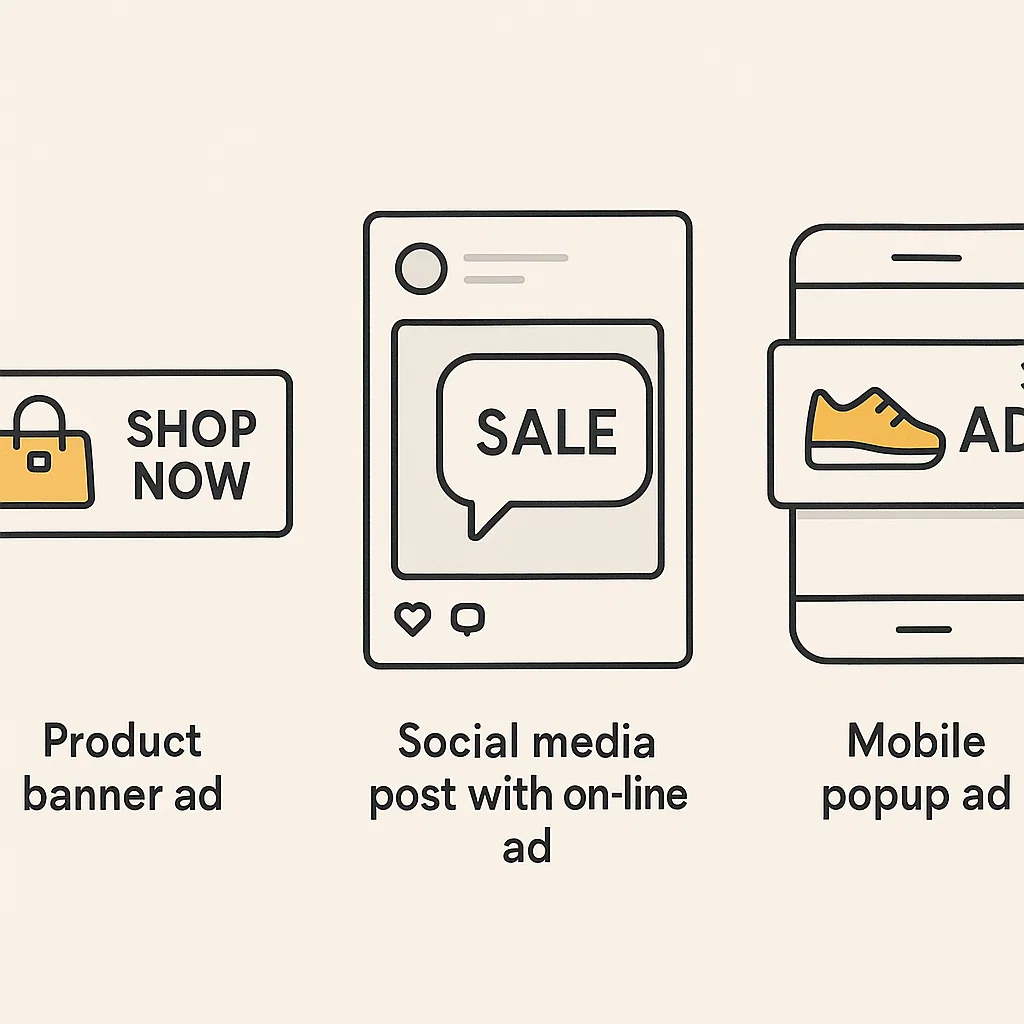 Visual berbagai contoh iklan simple dalam format banner, media sosial, dan pop-up