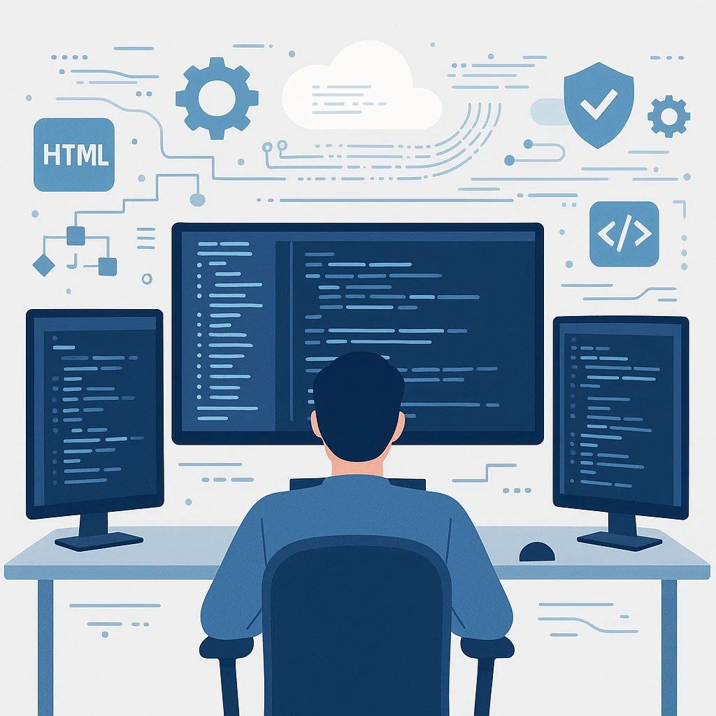 Ilustrasi kerja programmer dalam mengembangkan sistem digital