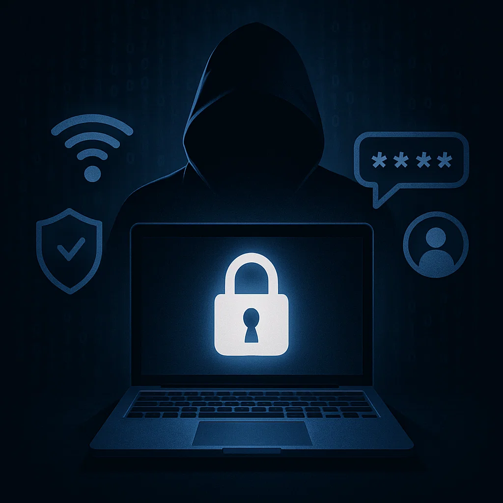 Ilustrasi konsep hacking dalam dunia digital dengan simbol keamanan dan peretasan