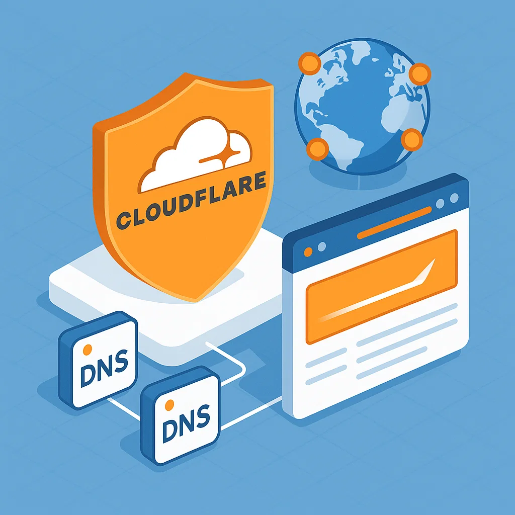 Ilustrasi Cloudflare sebagai layanan keamanan dan CDN global untuk website modern