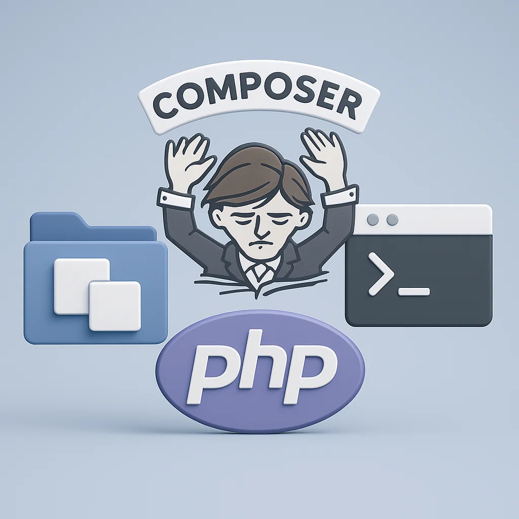 Ilustrasi Composer sebagai dependency manager PHP modern, lengkap dengan ikon terminal dan struktur proyek