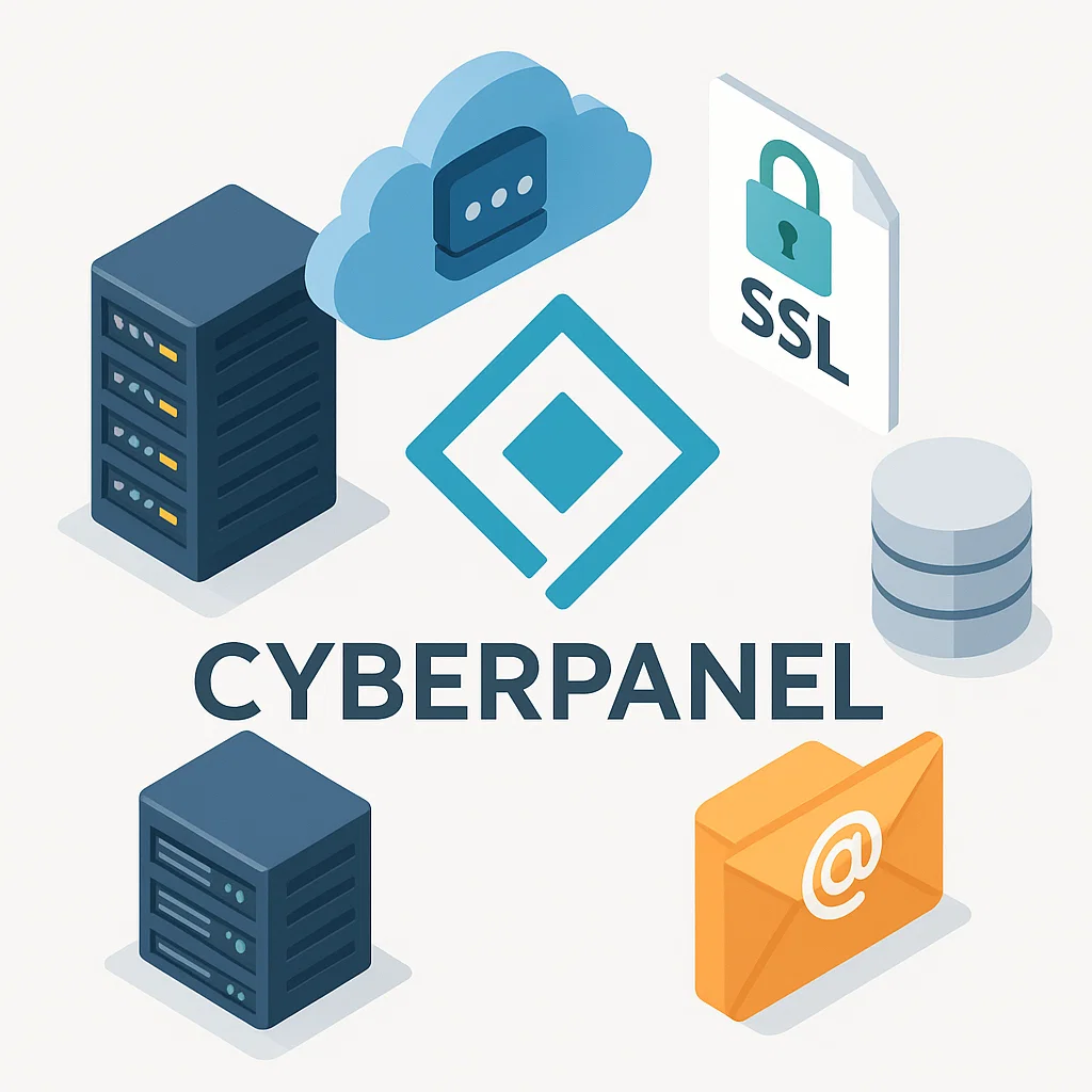 Ilustrasi CyberPanel sebagai kontrol panel hosting modern dengan dukungan server, SSL, email, dan database