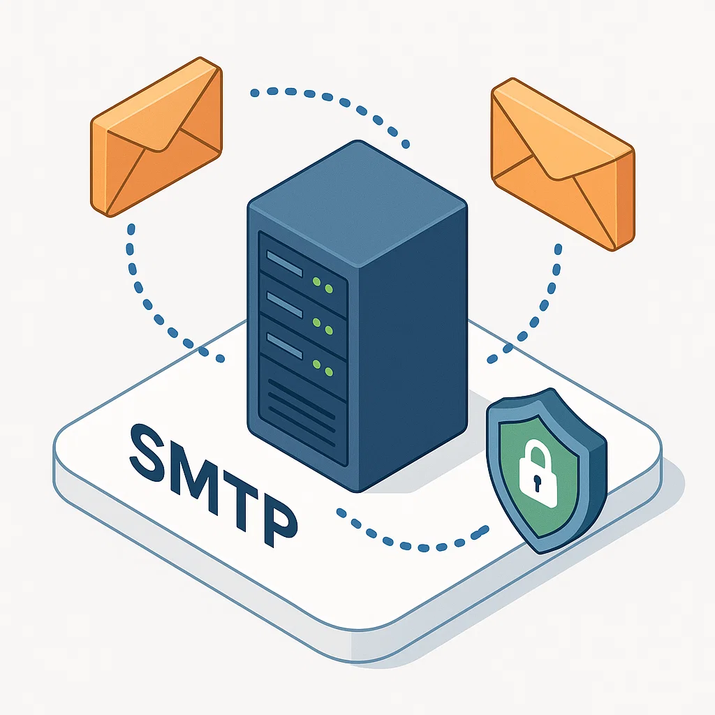 Ilustrasi SMTP sebagai protokol utama pengiriman email dengan server dan simbol keamanan