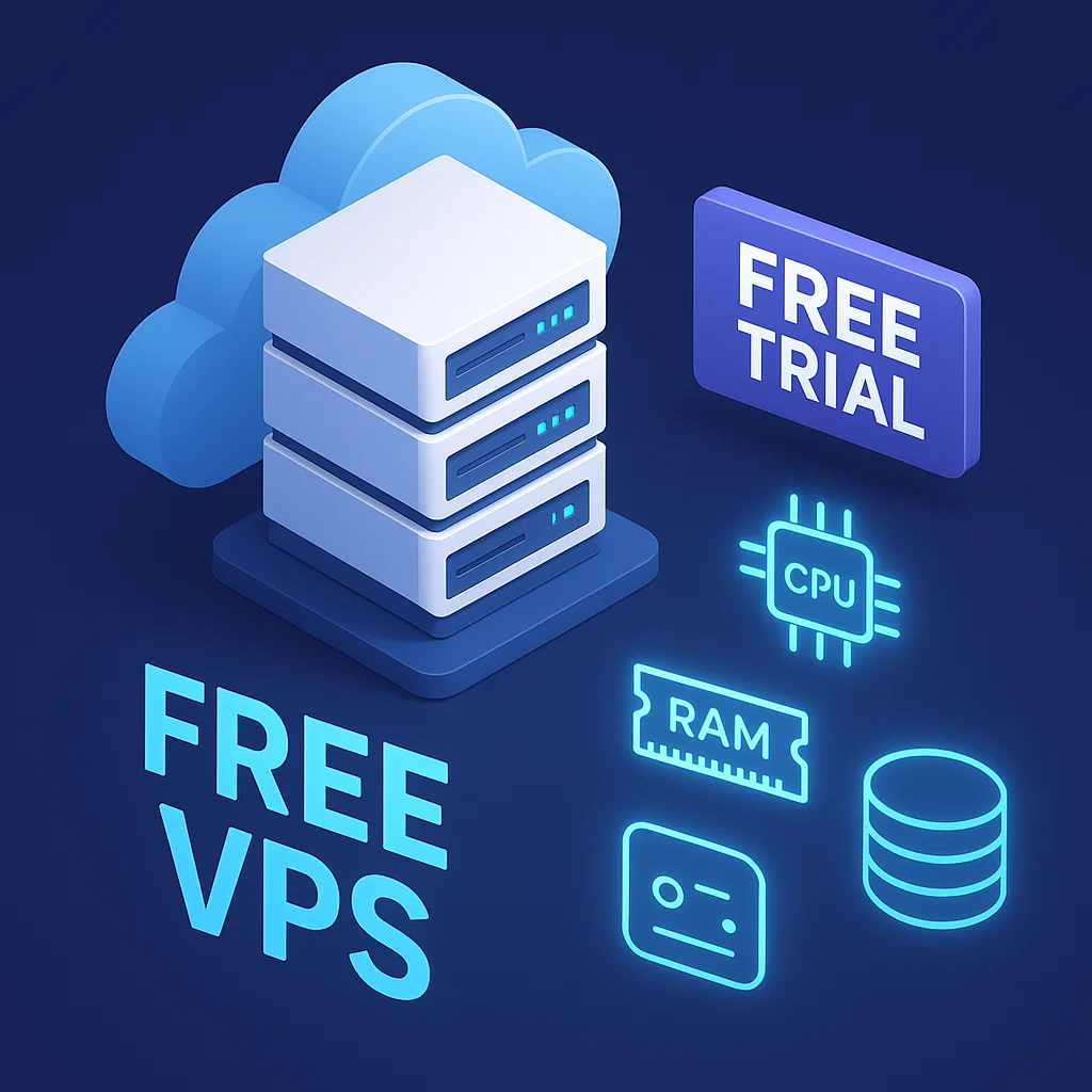 Ilustrasi VPS gratis dengan ikon CPU, RAM, dan penyimpanan dalam konsep server cloud modern