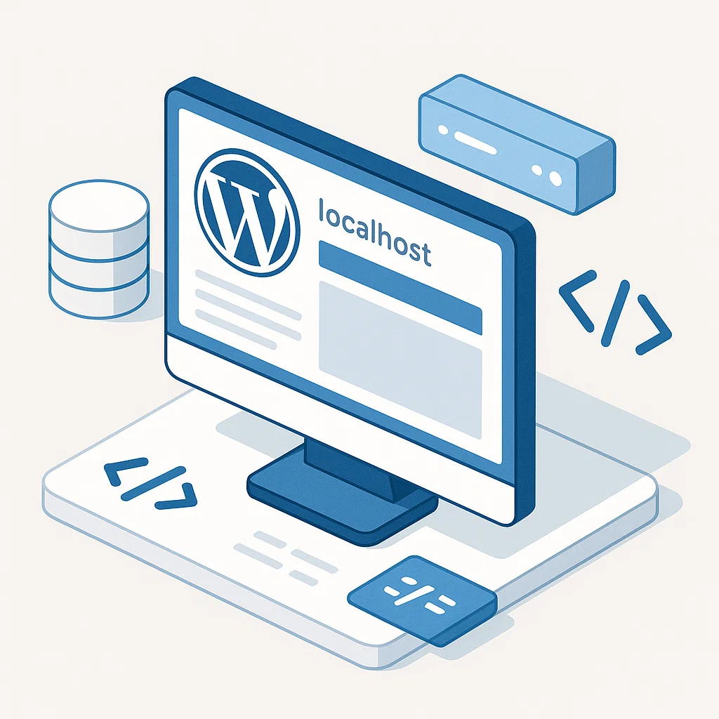 Ilustrasi WordPress berjalan di localhost komputer lengkap dengan ikon database dan server