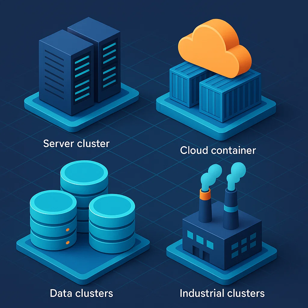Ilustrasi berbagai bentuk cluster dalam teknologi dan bisnis modern, dari data hingga server dan industri