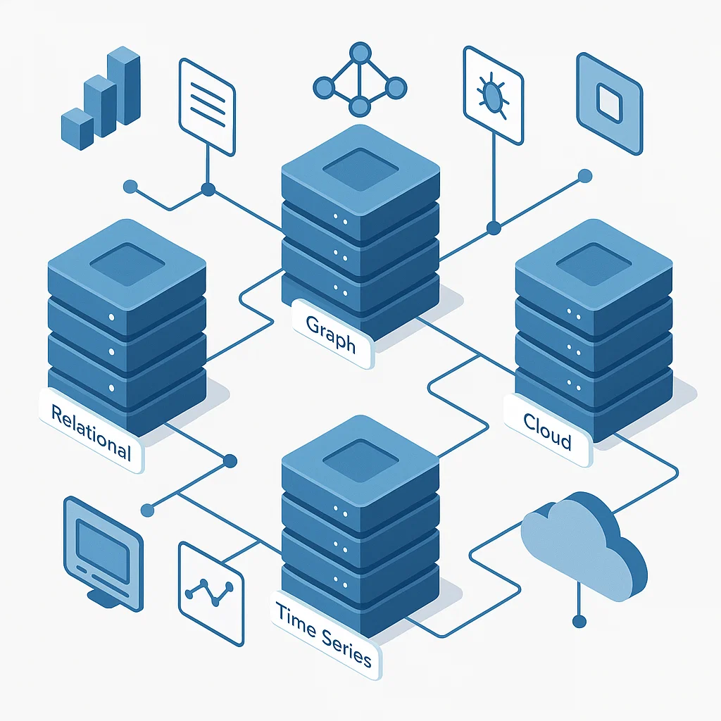 Ilustrasi berbagai jenis database dalam sistem digital modern, dari RDBMS hingga cloud-native