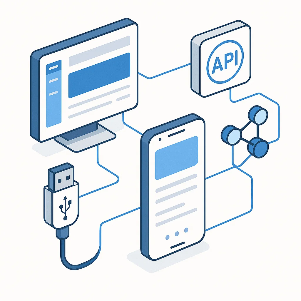 Ilustrasi berbagai jenis interface dari UI aplikasi hingga interface hardware dan API software