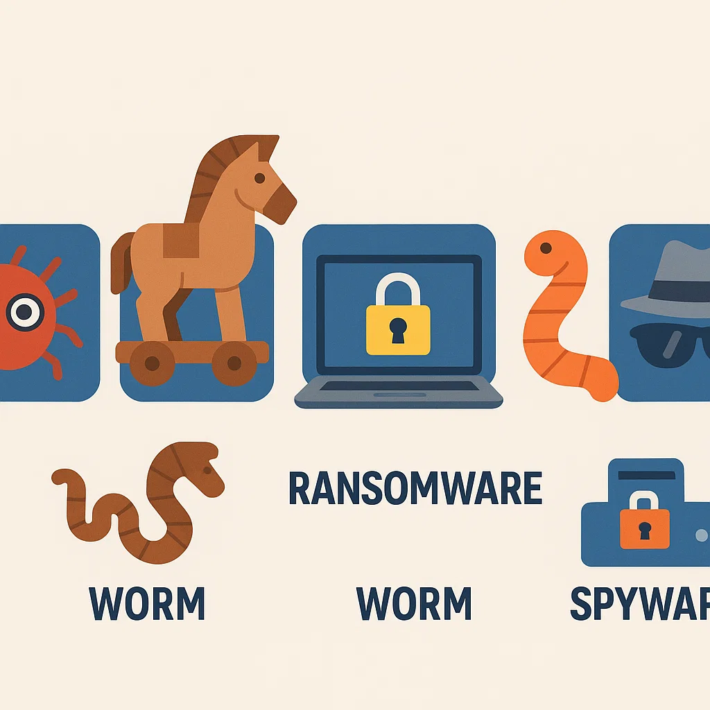 Ilustrasi berbagai jenis malware dalam dunia siber modern, lengkap dengan ikon dan fungsinya