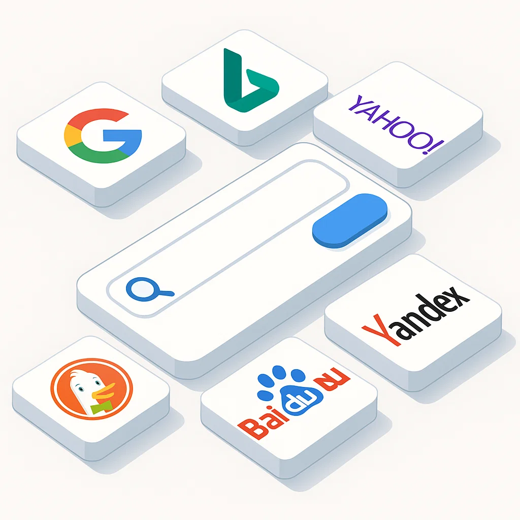 Ilustrasi berbagai search engine populer dunia dengan tampilan bar pencarian modern