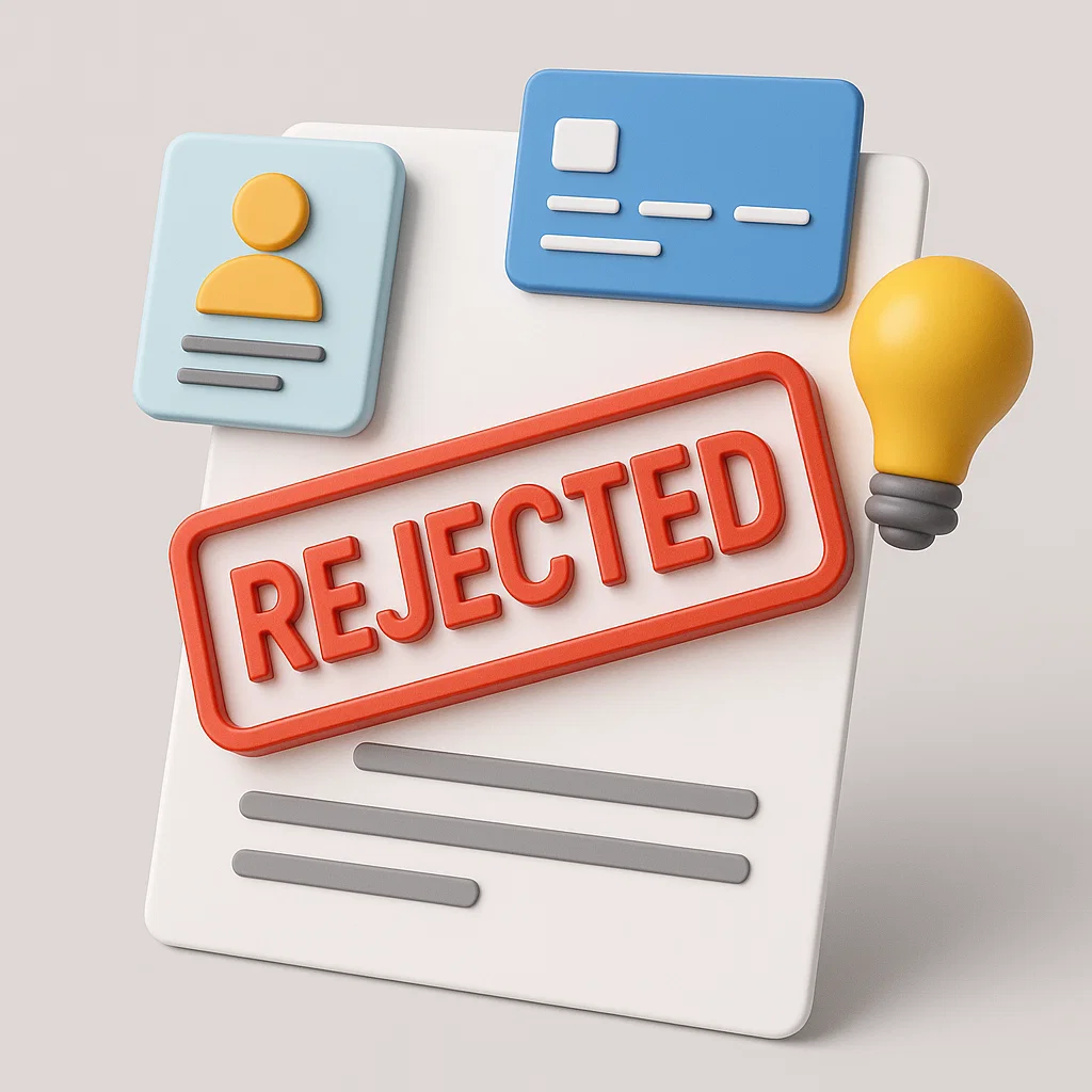 Ilustrasi cap “Rejected” pada dokumen dengan simbol aplikasi kerja, ide, dan transaksi perbankan