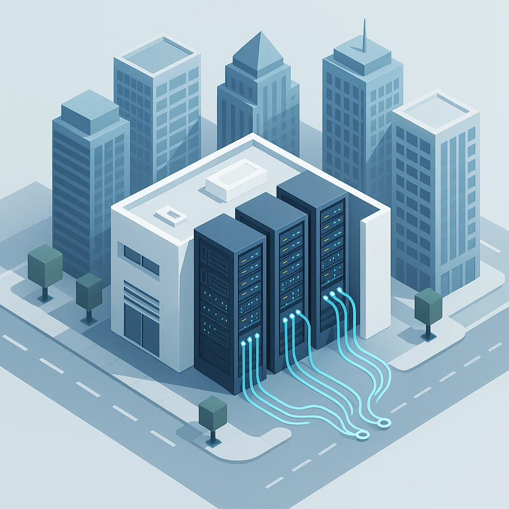 Ilustrasi data center premium di kawasan bisnis SCBD Jakarta, lengkap dengan konektivitas tinggi dan infrastruktur modern