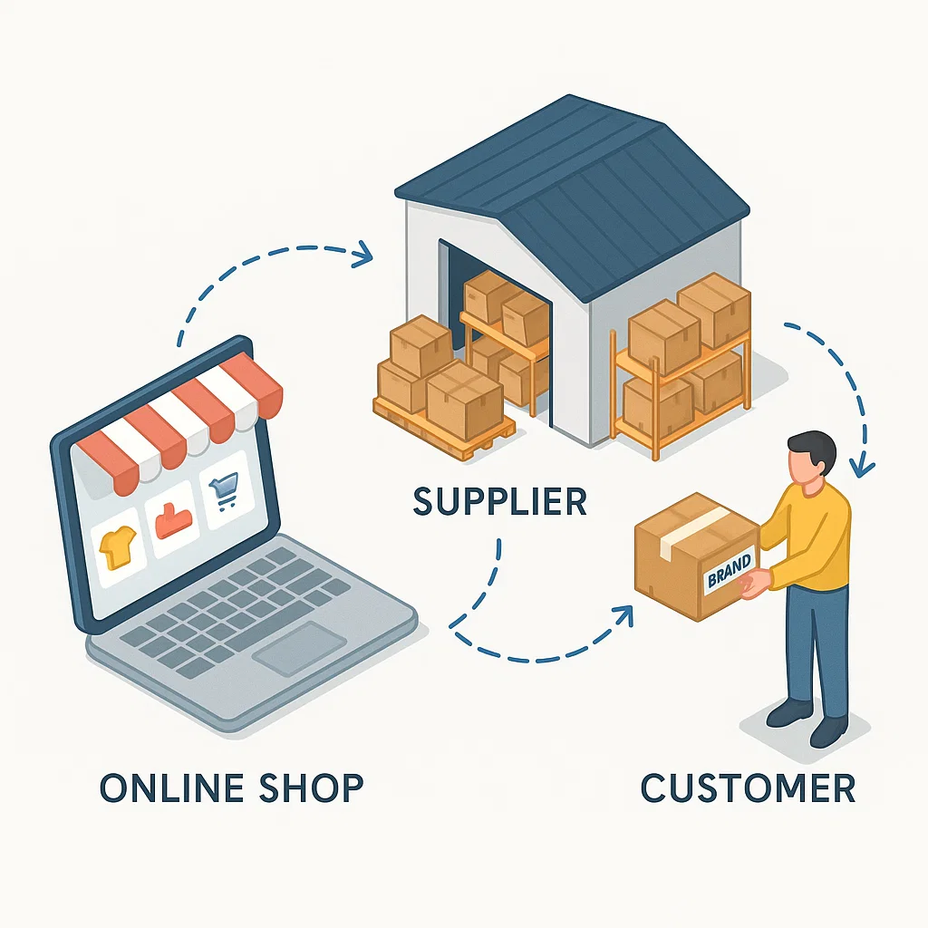 Ilustrasi dropshipping di marketplace supplier kirim barang, tapi paket atas nama penjual