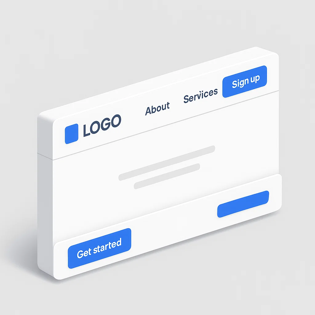 Ilustrasi header website modern dengan menu navigasi, logo, dan CTA dalam tata letak yang responsif