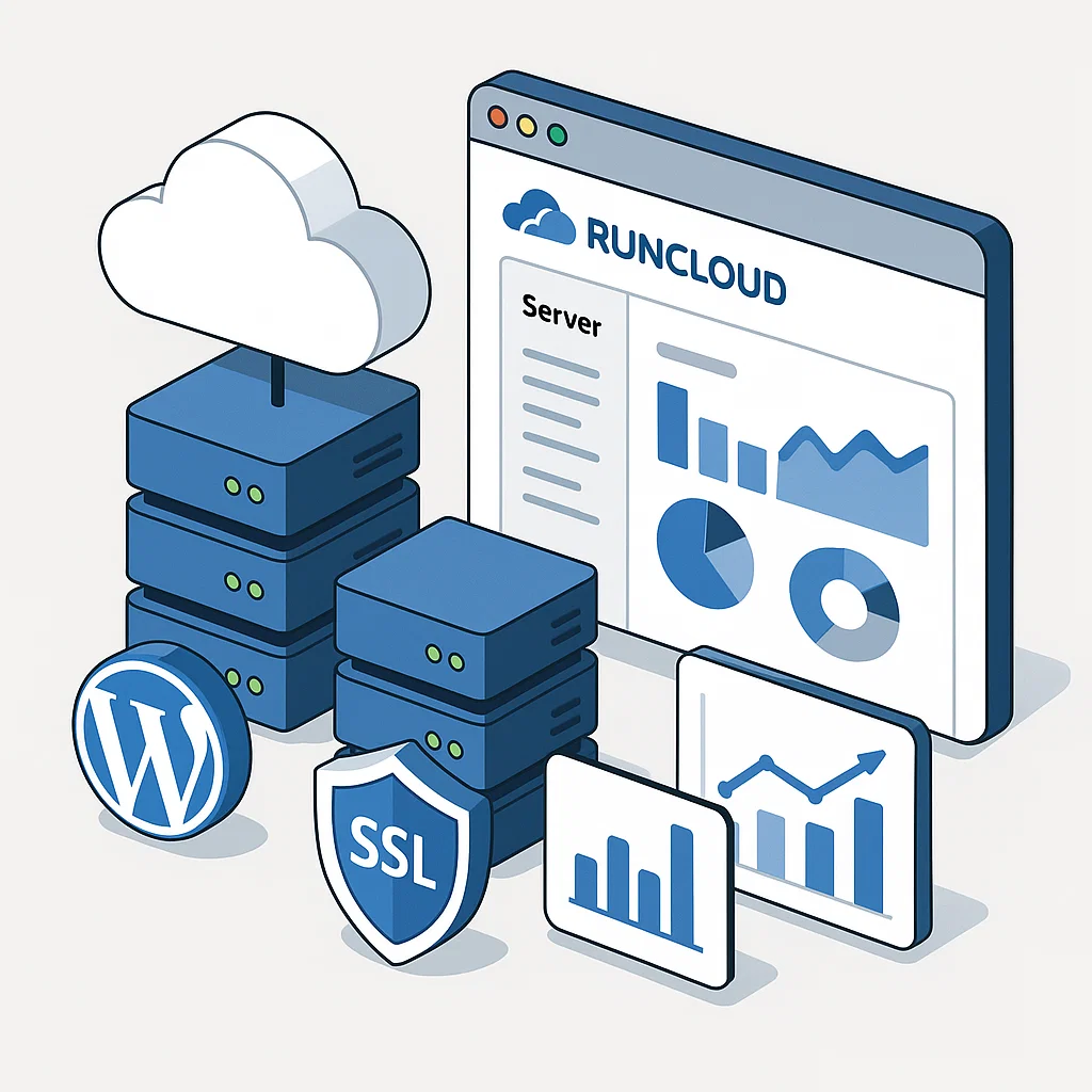 Ilustrasi konsep RunCloud sebagai panel manajemen server cloud dengan fitur WordPress, SSL, dan monitoring