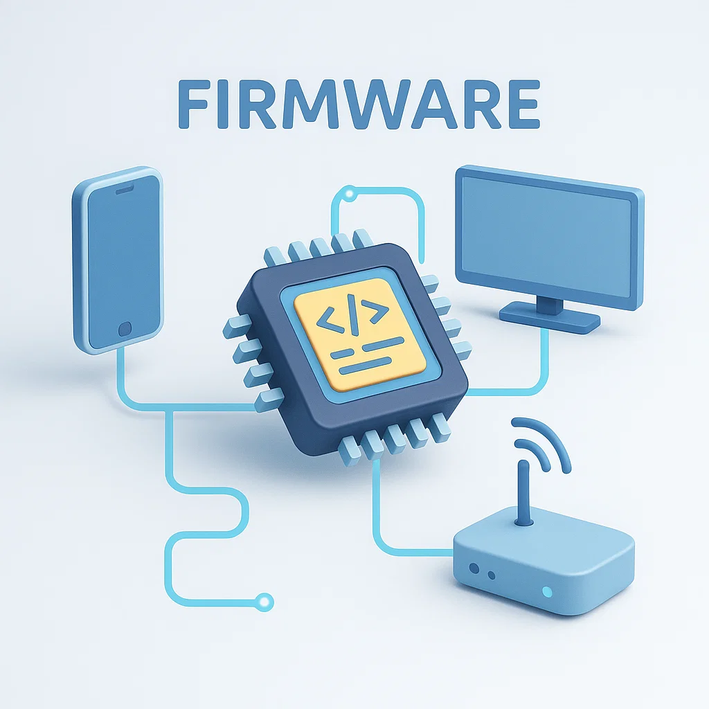 Ilustrasi konsep firmware sebagai perangkat lunak tertanam dalam berbagai perangkat modern seperti TV, HP, dan router