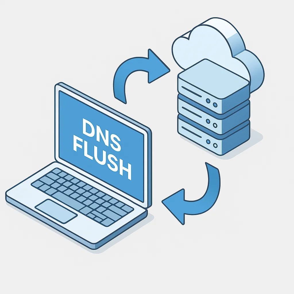 Ilustrasi konsep flush DNS sebagai proses penyegaran data antara komputer dan server DNS