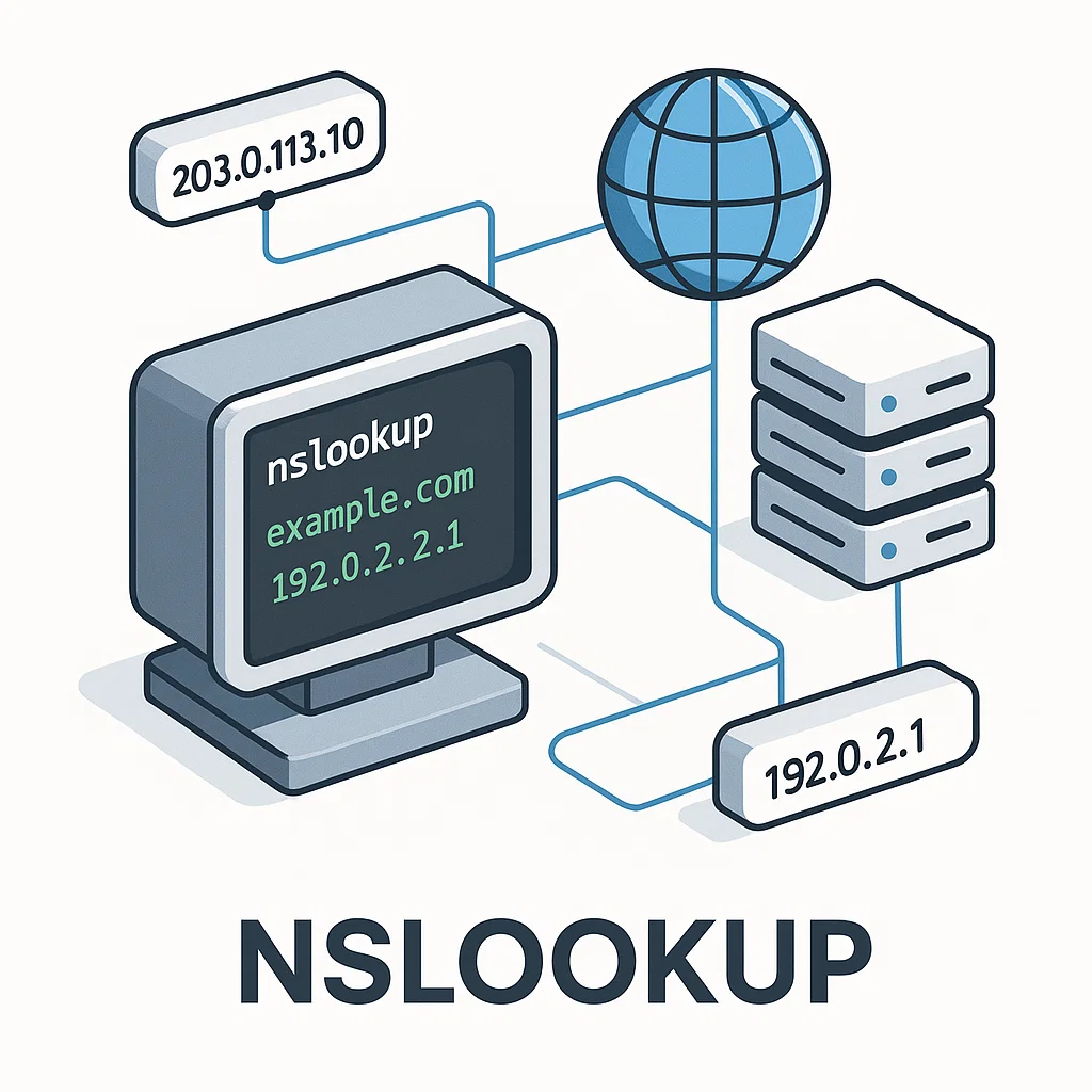Ilustrasi konsep nslookup untuk mengecek DNS dan IP domain melalui terminal