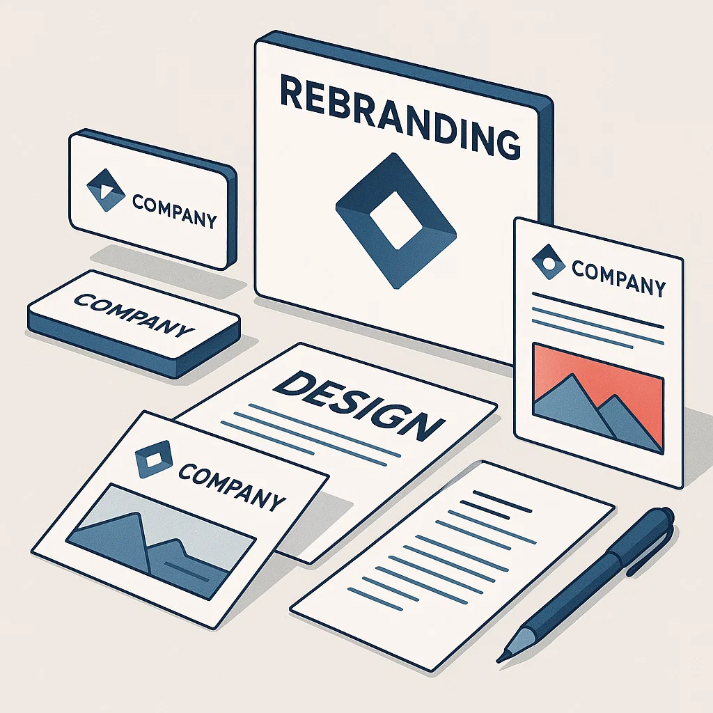 Ilustrasi konsep rebranding identitas brand lama diperbarui dengan desain baru yang lebih modern