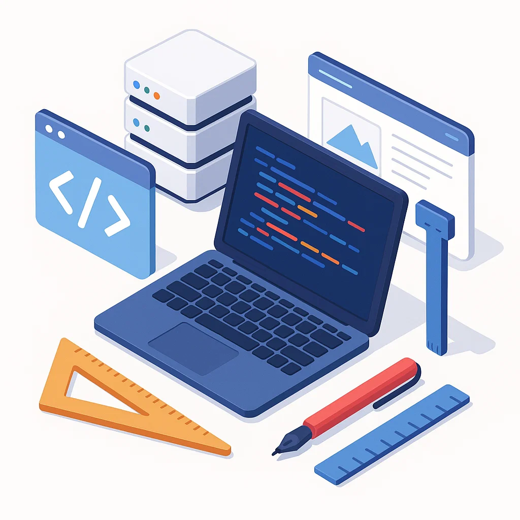 Ilustrasi konsep web development dengan elemen coding, server, dan desain yang saling terhubung