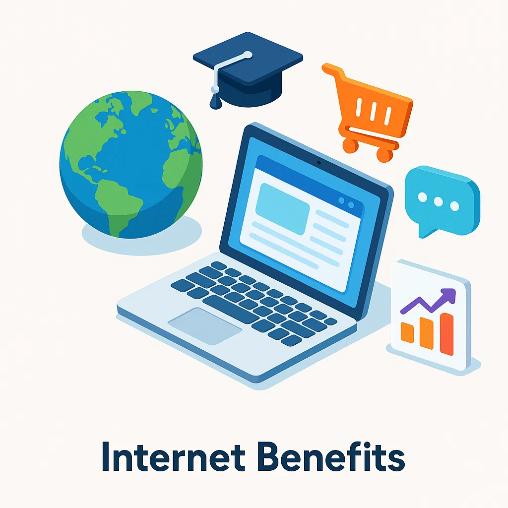 Ilustrasi manfaat internet di berbagai bidang, mulai dari pendidikan, bisnis, hingga komunikasi