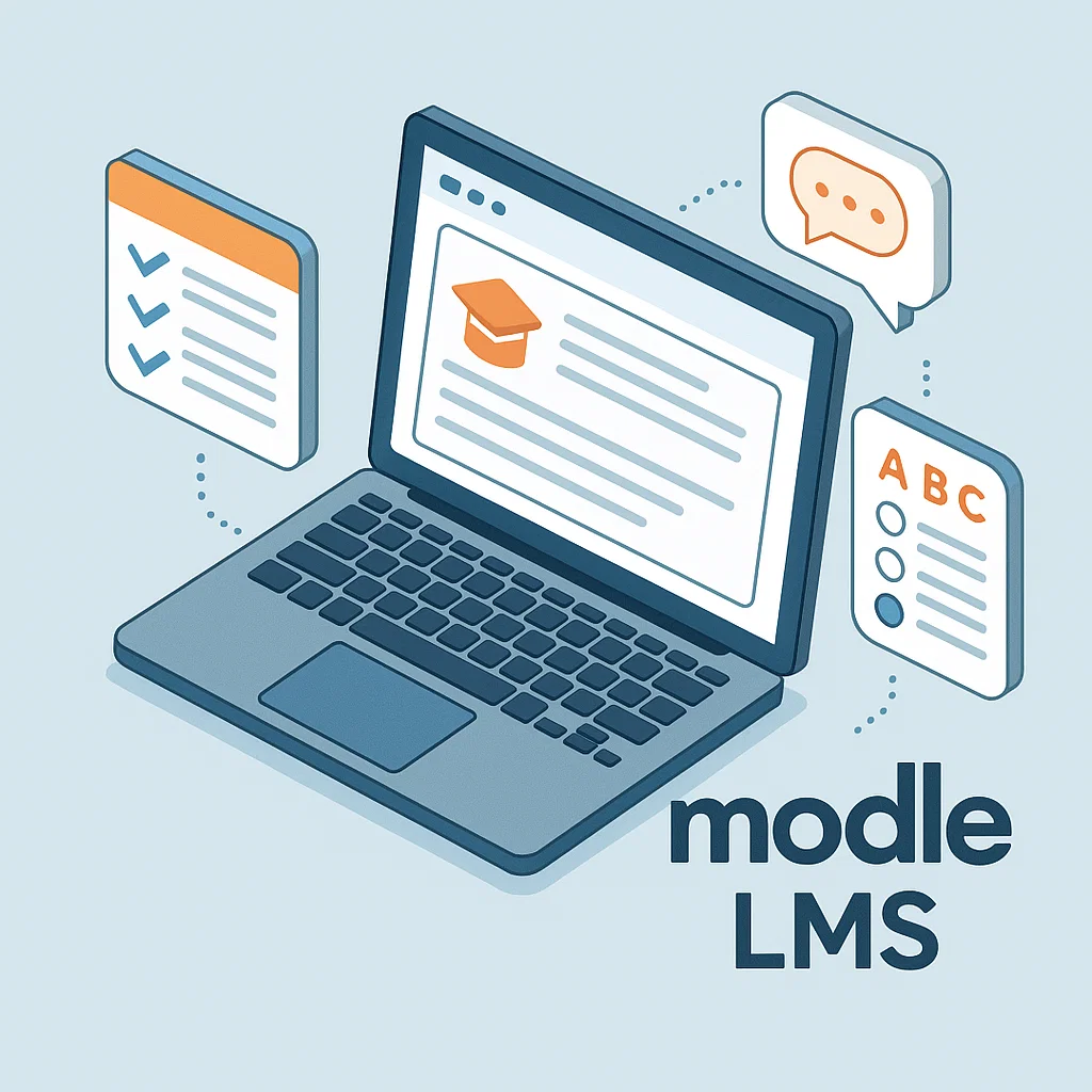 Ilustrasi platform e-learning Moodle dengan modul kursus, kuis, dan fitur diskusi interaktif