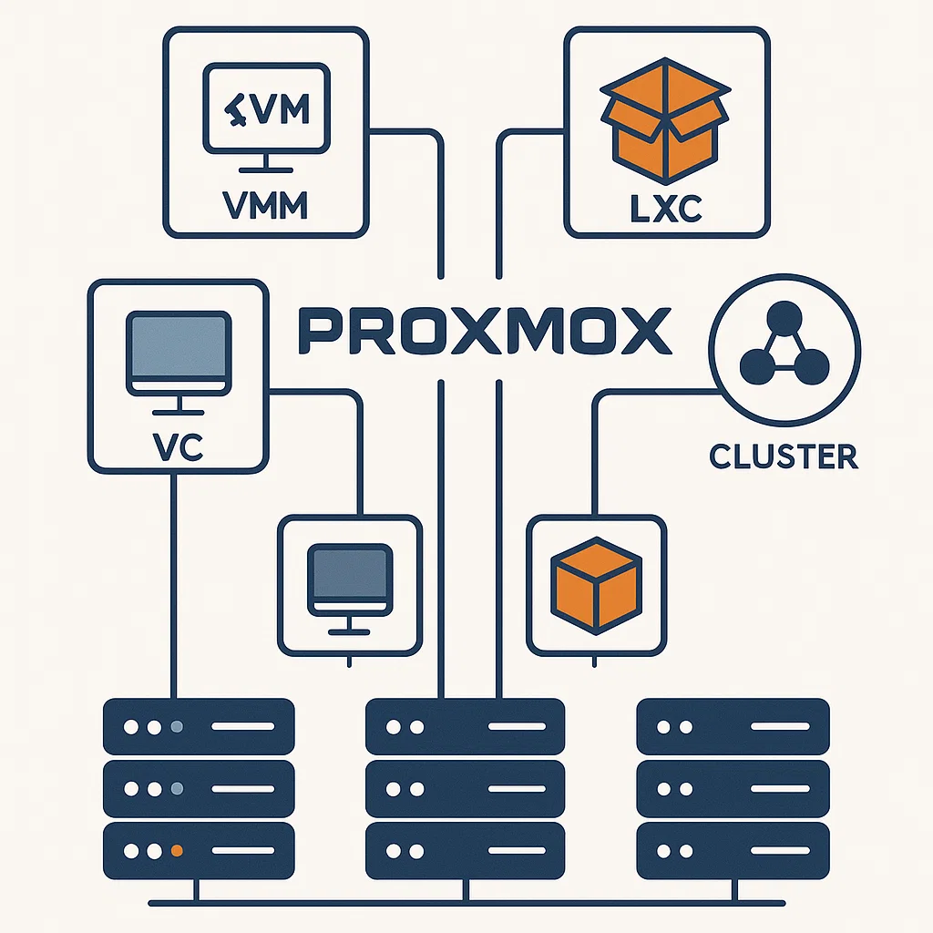 Ilustrasi platform virtualisasi Proxmox dan fitur utamanya