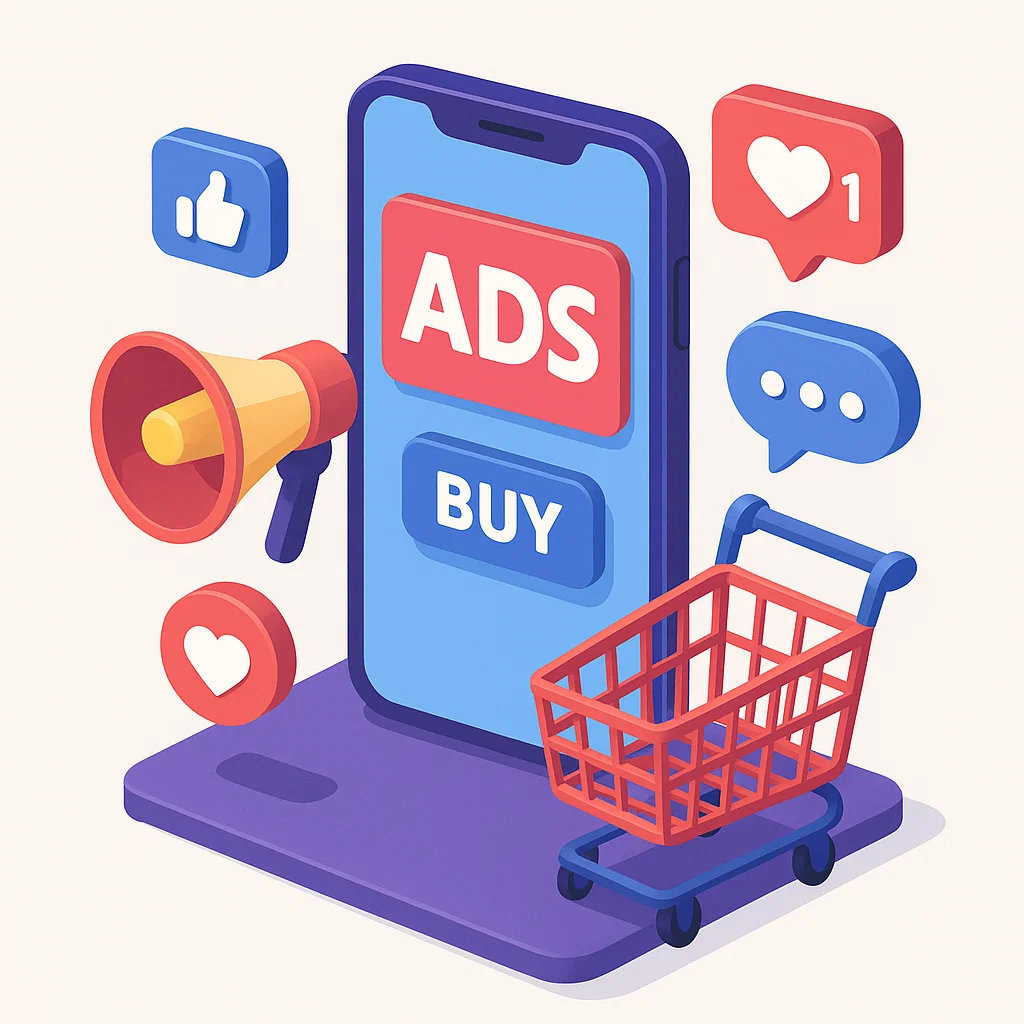 Ilustrasi promosi produk di era digital dengan smartphone, iklan, keranjang belanja, dan ikon media sosial