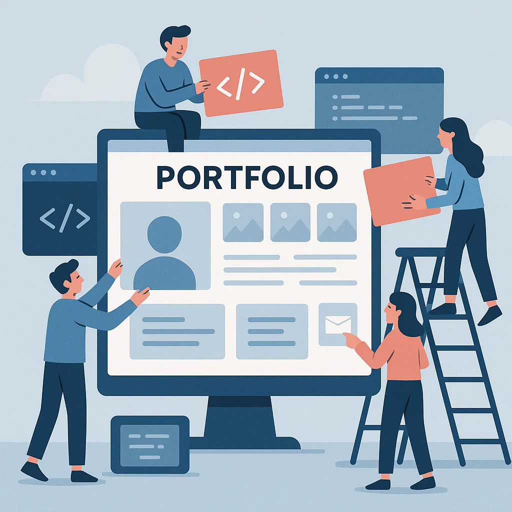 Ilustrasi proses membangun web portofolio modern lengkap dengan galeri, proyek, dan kontak