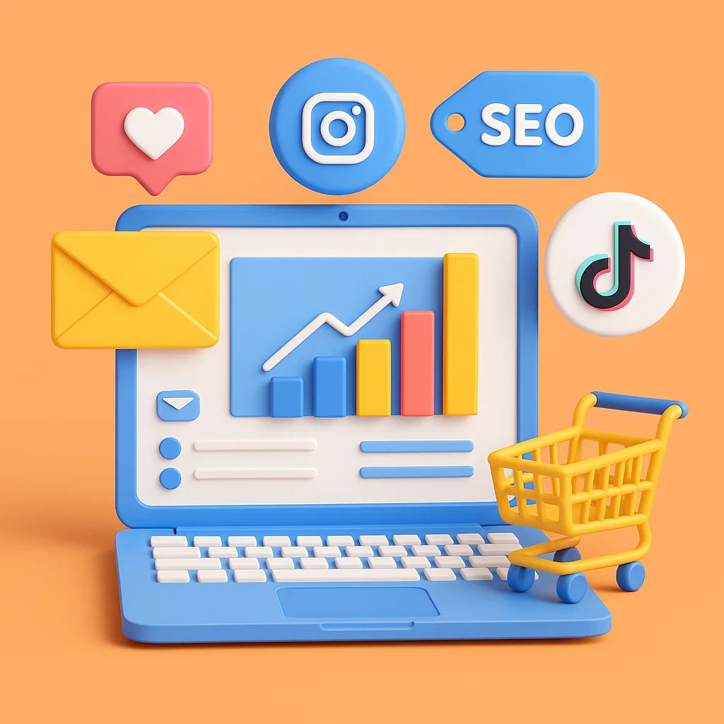 Ilustrasi strategi internet marketing untuk menjangkau audiens melalui berbagai kanal digital modern