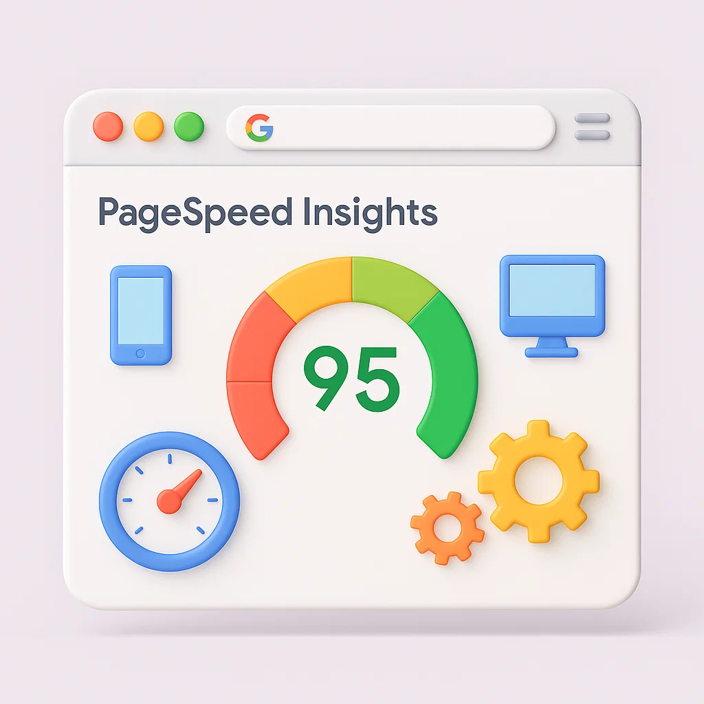 Ilustrasi tampilan skor Google PageSpeed Insight lengkap dengan ikon performa website