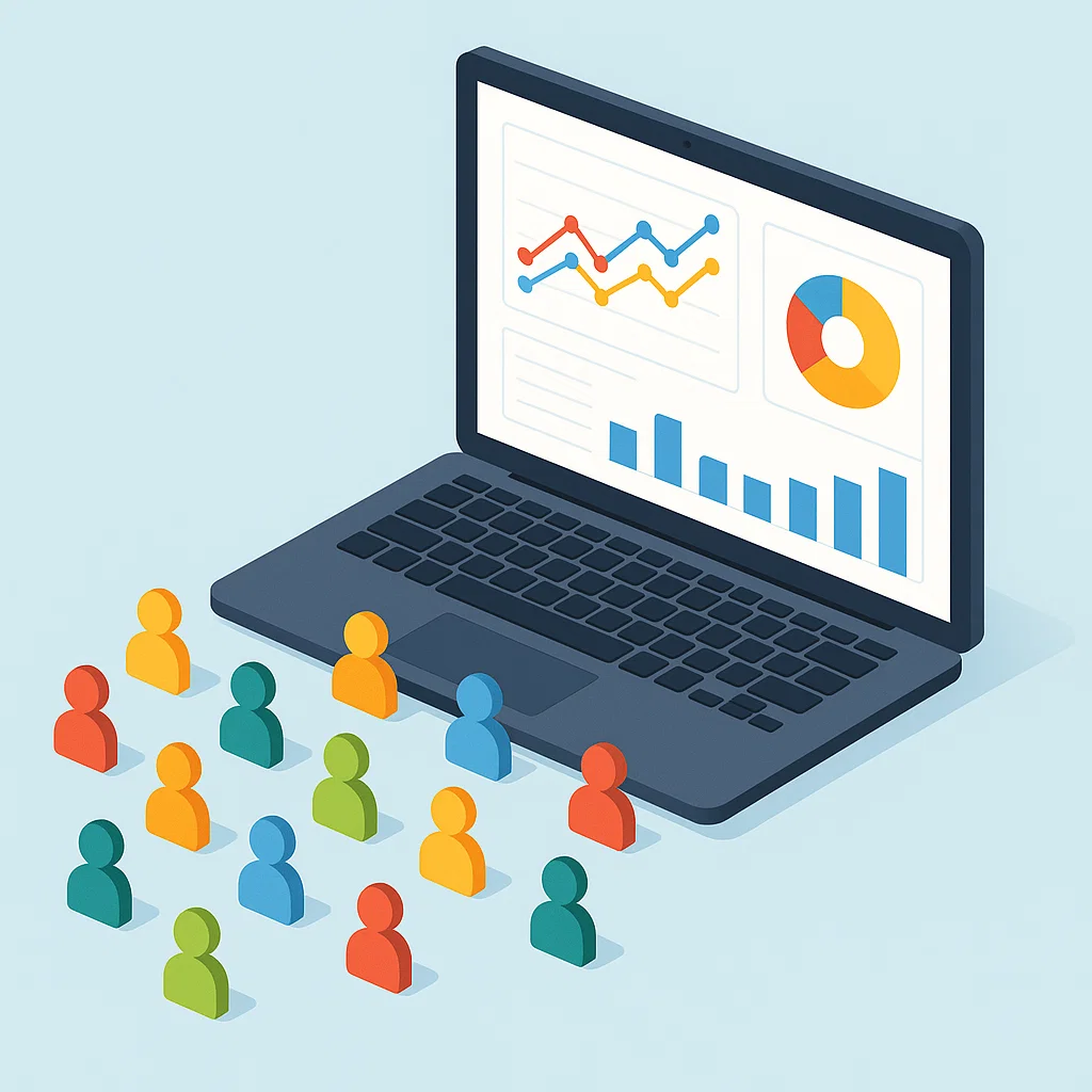 Ilustrasi visitor website yang digambarkan dengan ikon pengguna menuju layar laptop berisi grafik analytics