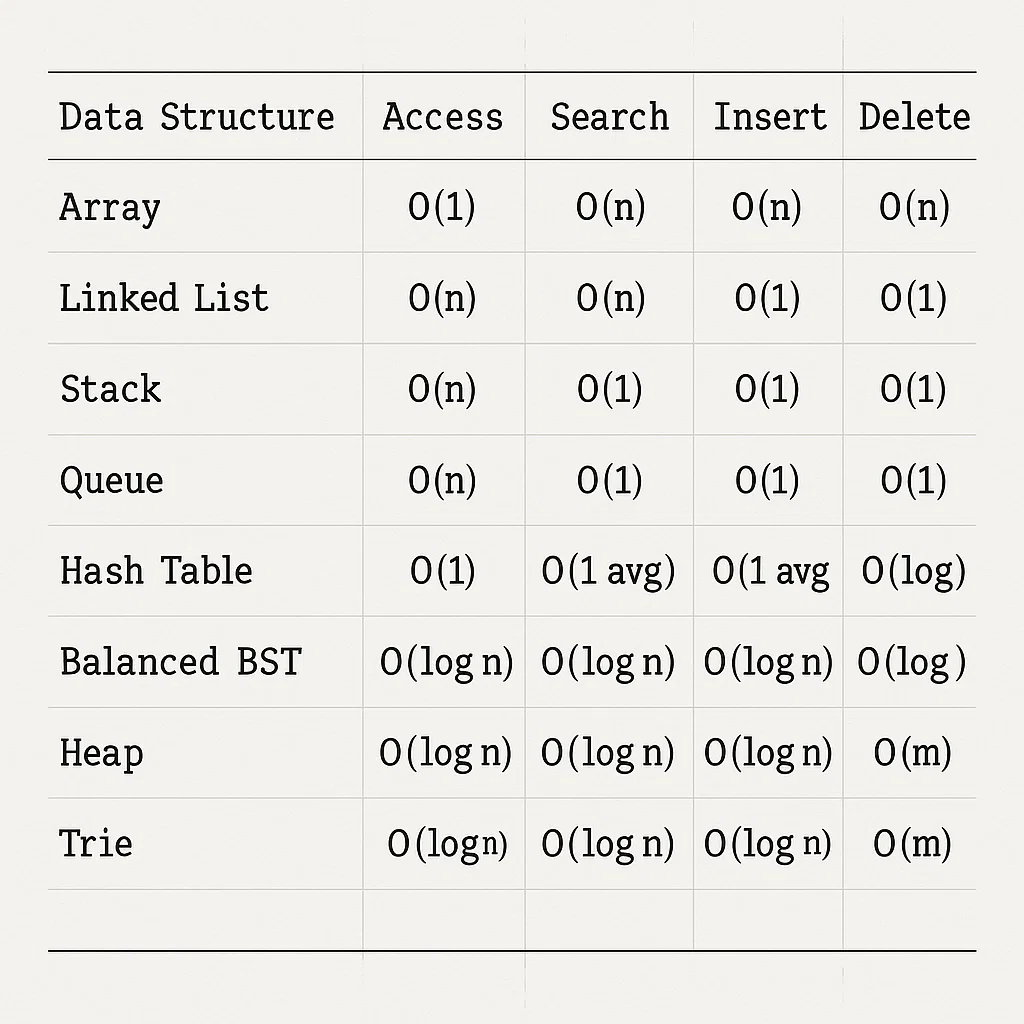 Perbandingan kompleksitas waktu operasi struktur data populer dalam notasi Big-O