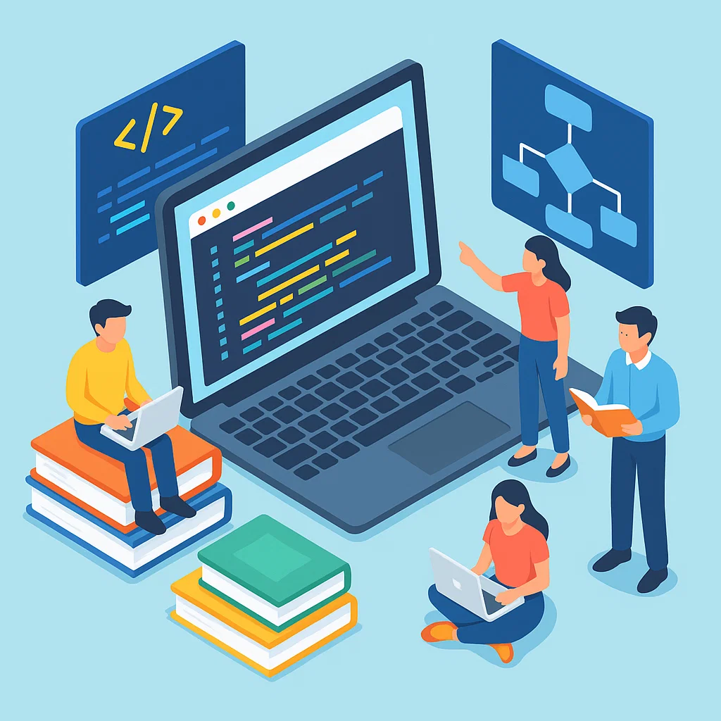 Visualisasi belajar coding untuk pemula, lengkap dengan laptop, editor kode, dan diagram alur pemrograman