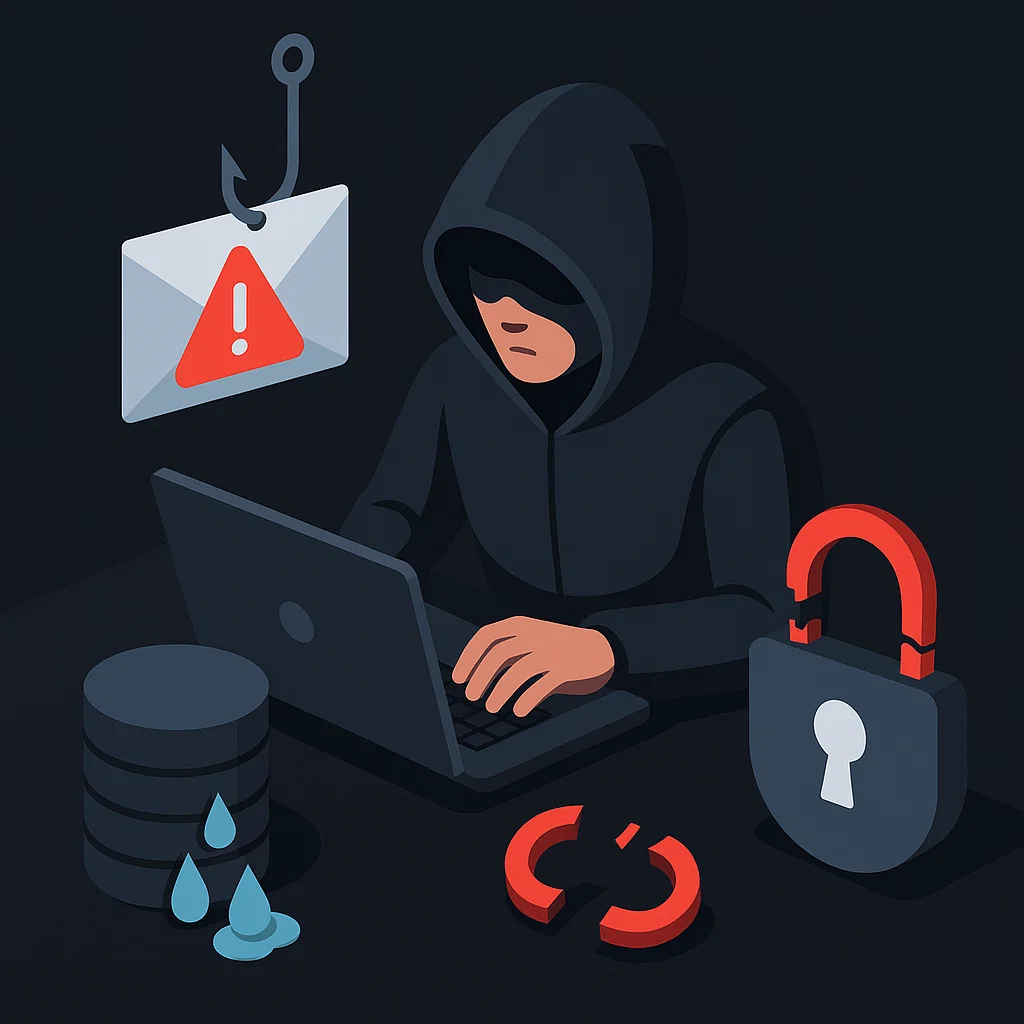 Visualisasi cyber crime yang menampilkan aktivitas peretasan, pencurian data, dan risiko digital lainnya