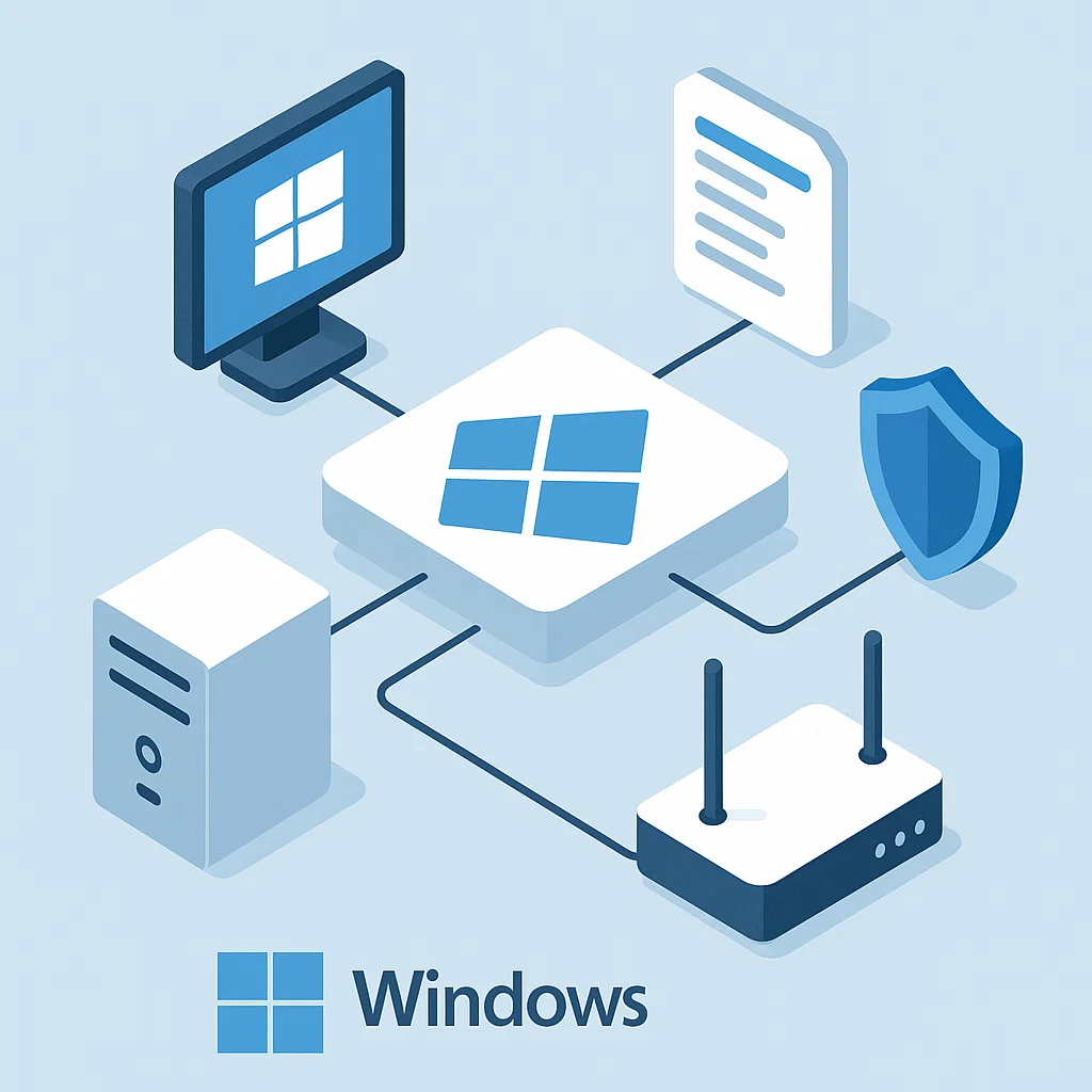 Visualisasi fungsi utama Microsoft Windows sebagai penghubung hardware, software, jaringan, dan keamanan